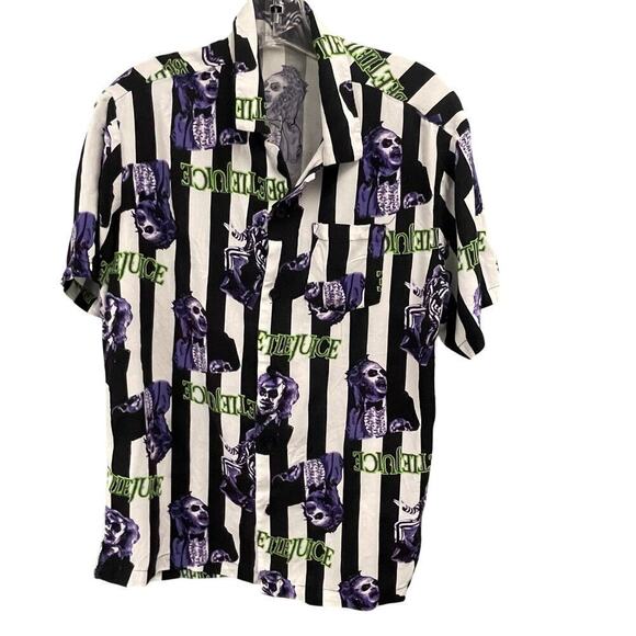 Beetlejuice Mens Striped Button Down Shirt Size Medium Black White Green Purple - Picture 1 of 3